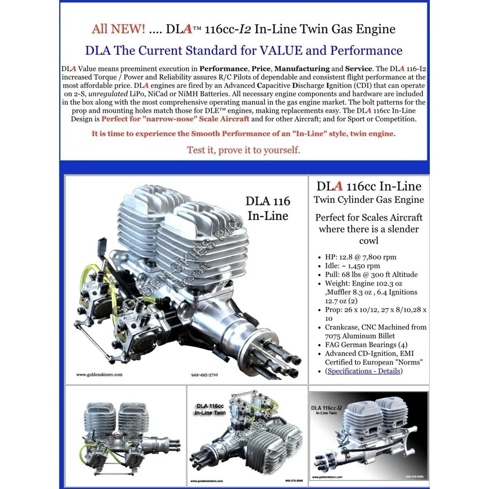 DLA116i2 116cc Inline Twin Gas RC Plane Engine W/muffler & Ignition - New